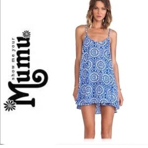 SHOW ME YOUR MUMU royal blue & white floral spaghetti strap mini dress size S
